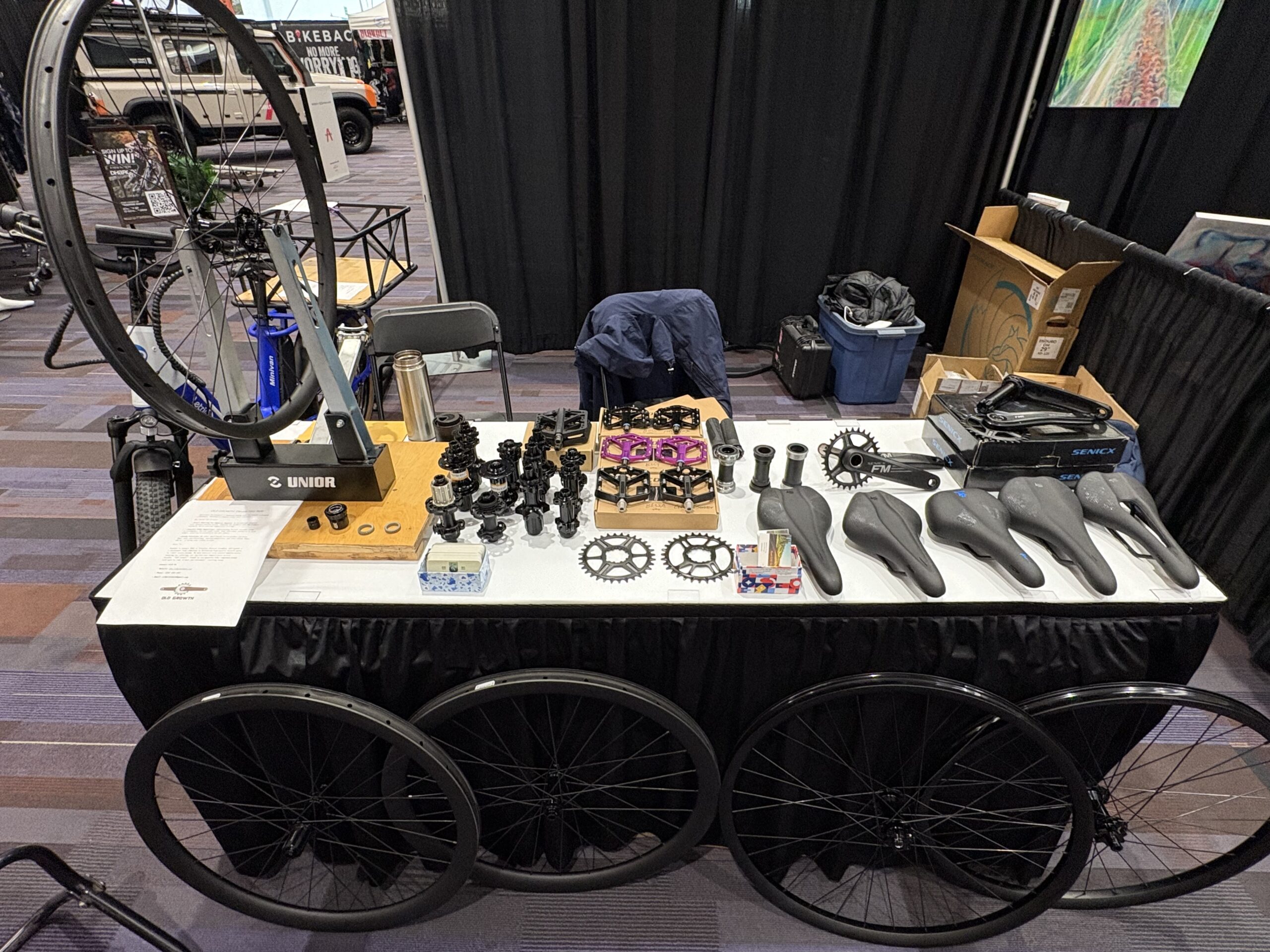 Bicycle components displayed at a Canadian industry trade show